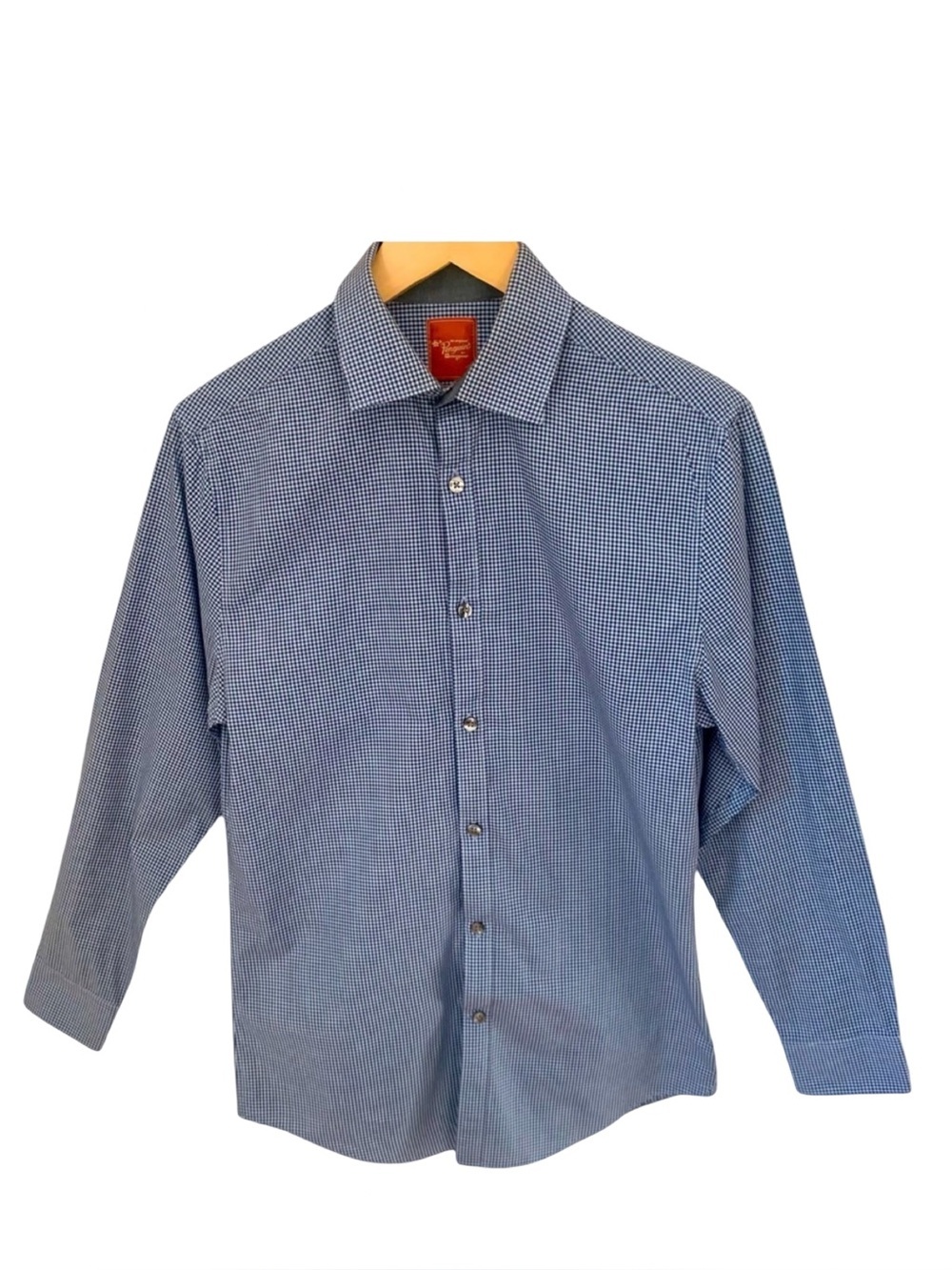 ORIGINAL PENGUIN Slim Fit Button Up Shirt Spread Collar Blue Checked 100% Cotton